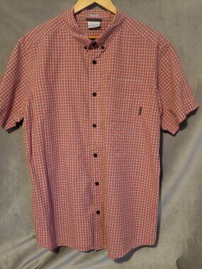Columbia Shirt Men's Red Plaid Button Down Short Sleeve 100% Cotton Size XL